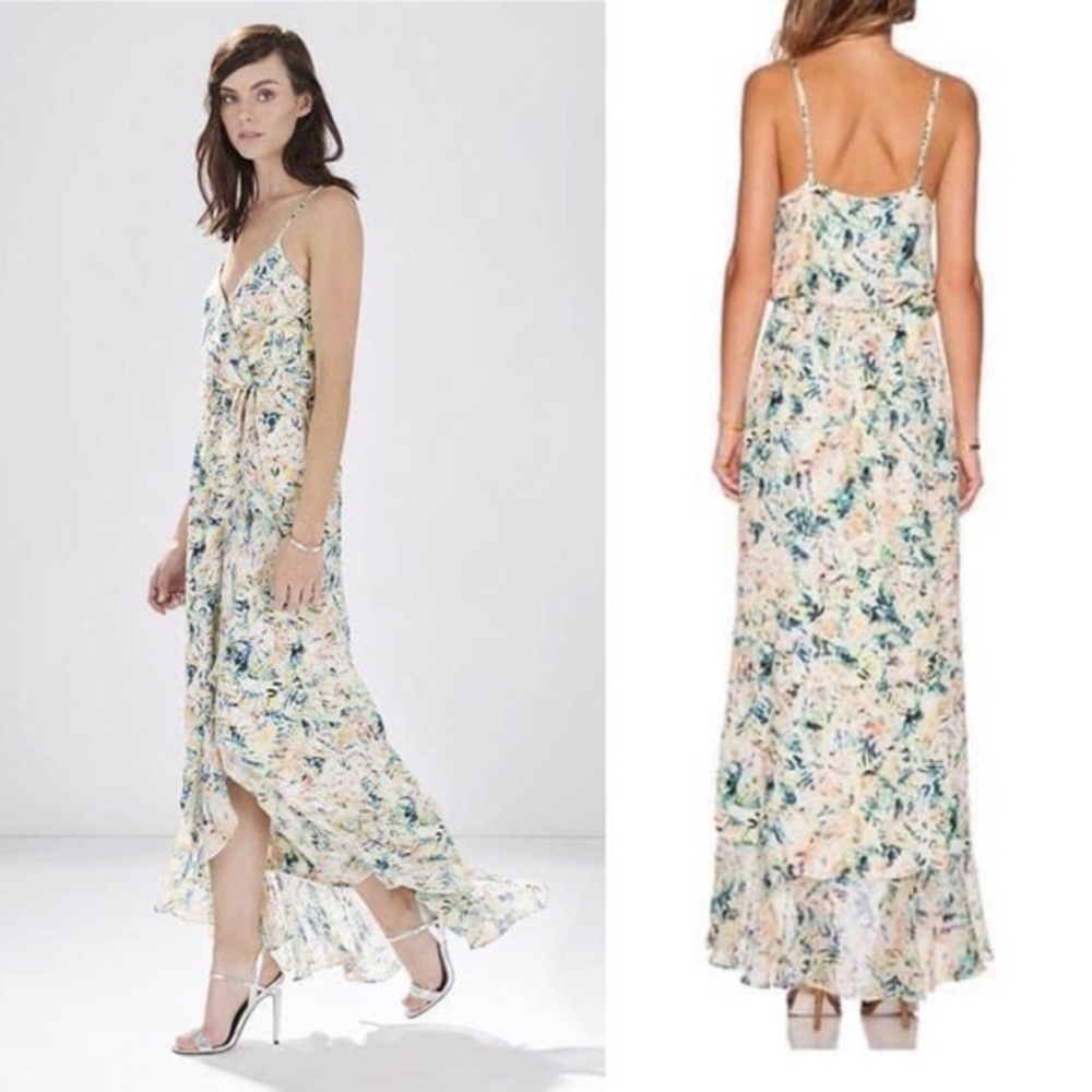 Parker Halle Silk Floral Cascading Ruffle High low Spaghetti Dress Size …